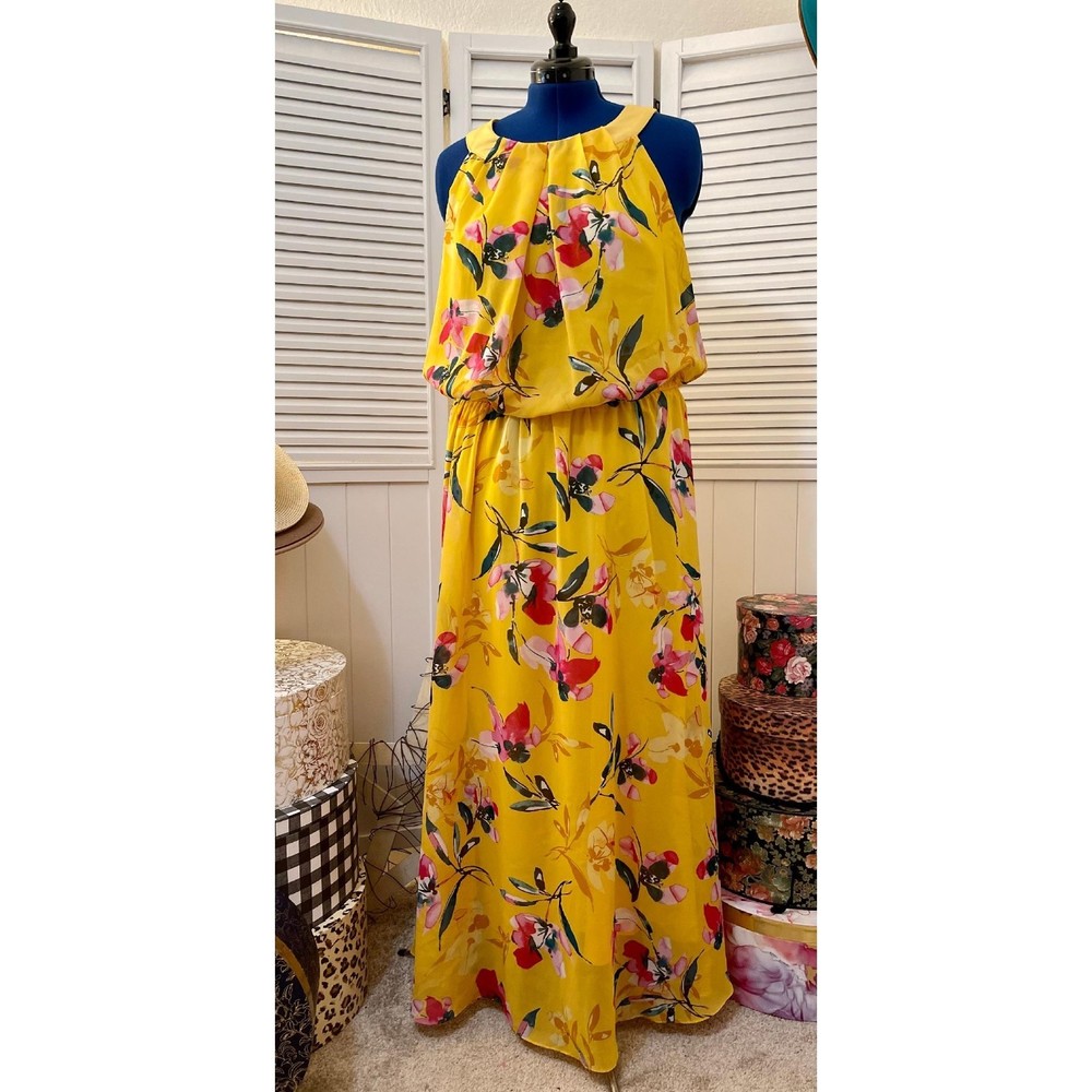 ROBBIE BEE Yellow Floral Sleeveless Maxi Dress, Size 16W